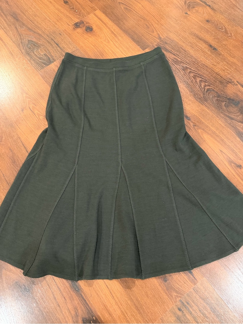 Eileen Fisher Olive Green Viscose Wool Blend Flounce Hem Midi Skirt Sz M